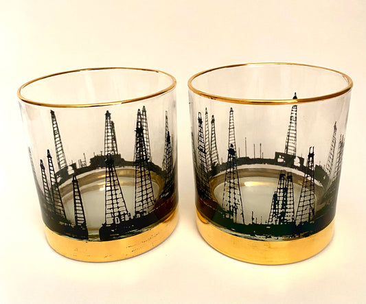 Mid Century Oil Rig Rocks Glasses (Pair) 2 Available