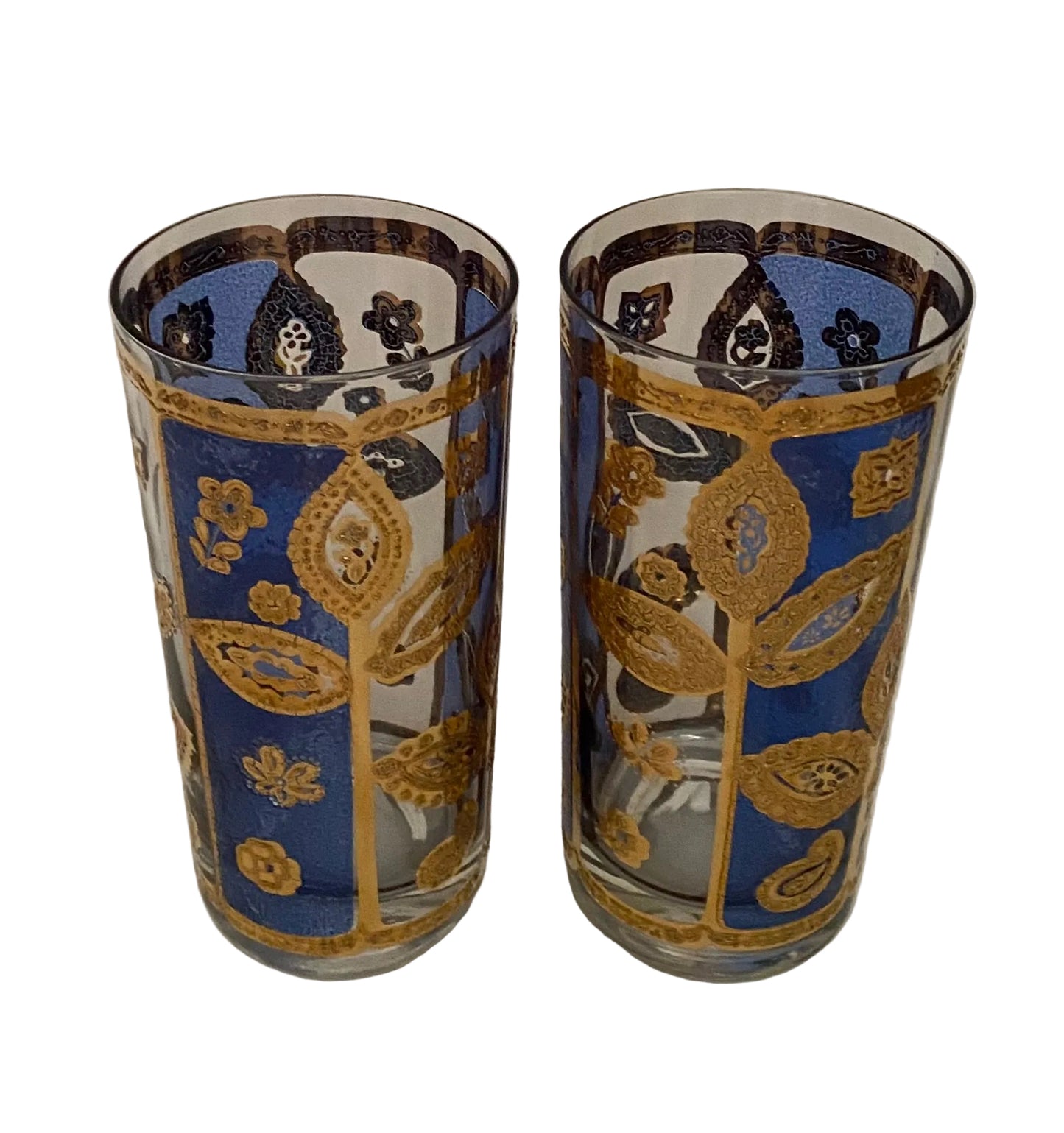 Culver Blue & Gold Leaf Hiballs (Pair) 2 Available