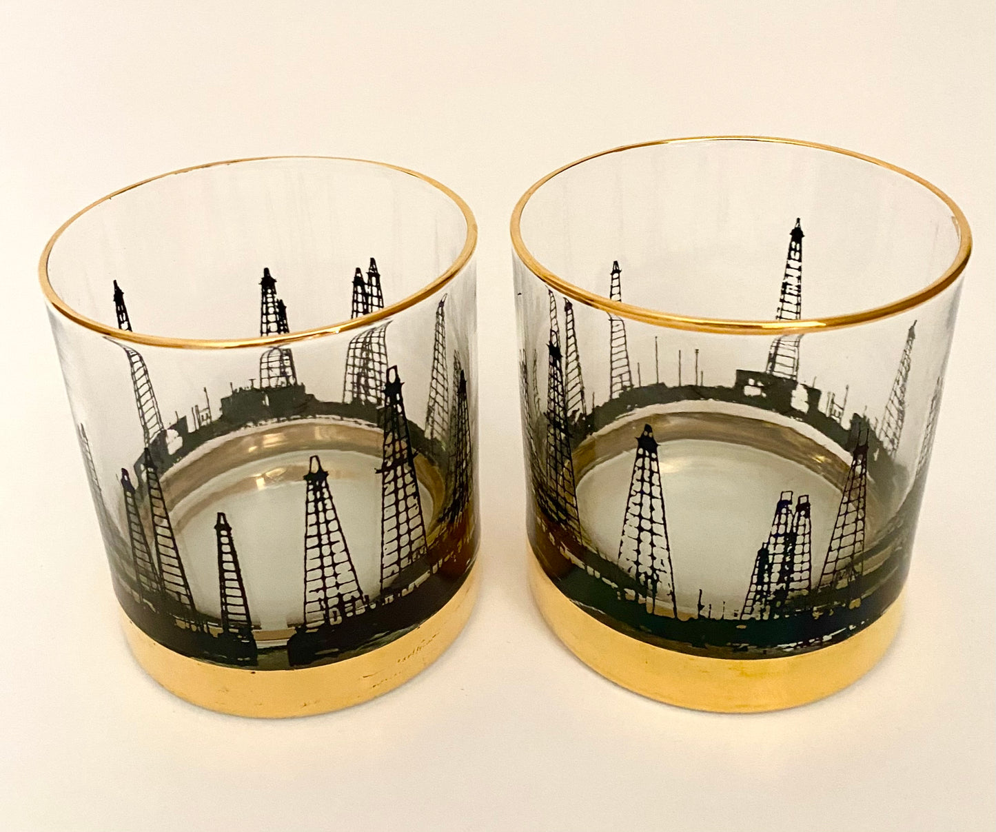 Mid Century Oil Rig Rocks Glasses (Pair) 2 Available