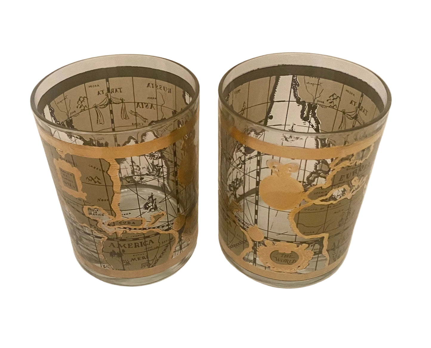 Cera Old World Map Rocks Glasses (Pair) 3 Available