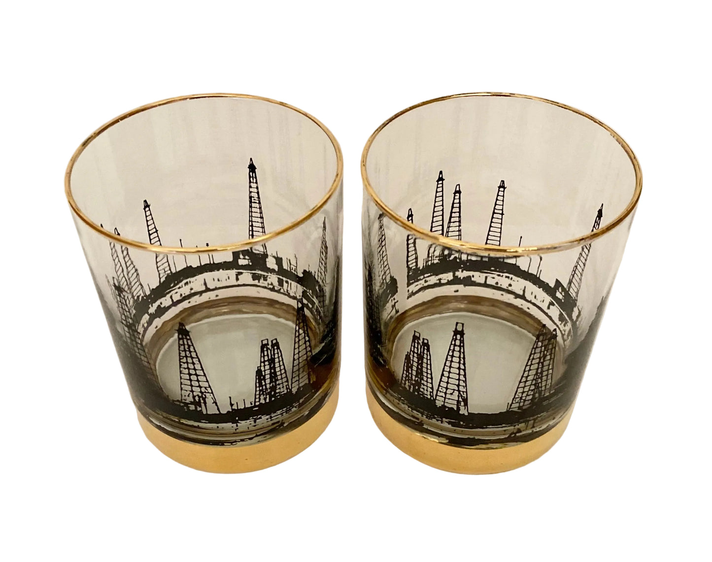 Mid Century Oil Rig Rocks Glasses (Pair) 4 Available