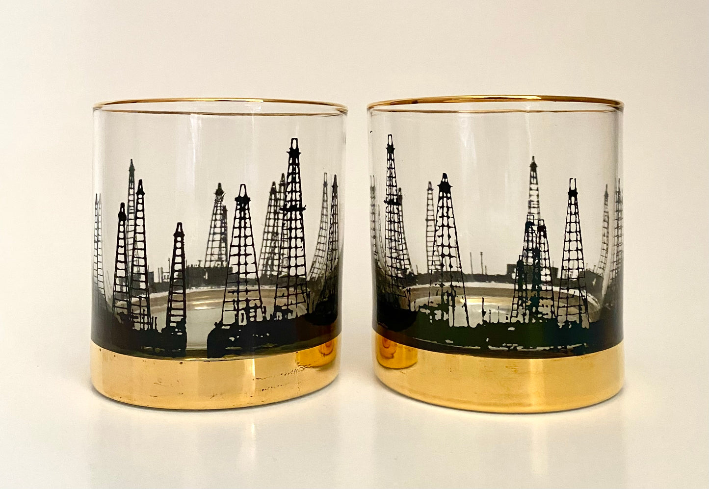 Mid Century Oil Rig Rocks Glasses (Pair) 2 Available