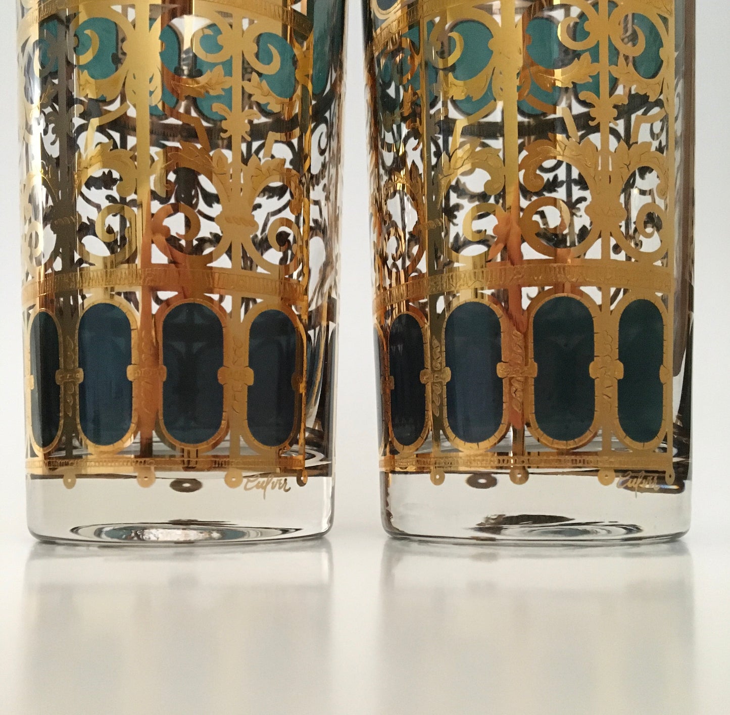 Culver Emerald Scroll Hiballs (Pair) 12 Available