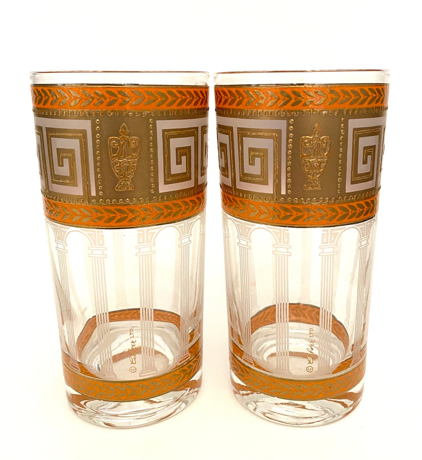 Culver Orange Greek Key Hiballs (Pair) 6 Available