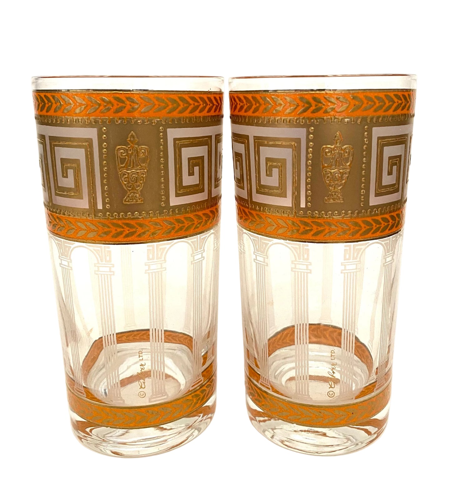Culver Orange Greek Key Hiballs (Pair) 6 Available