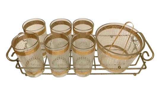 Culver White Basketweave Hiball Caddy with Ice Bucket and Tongs