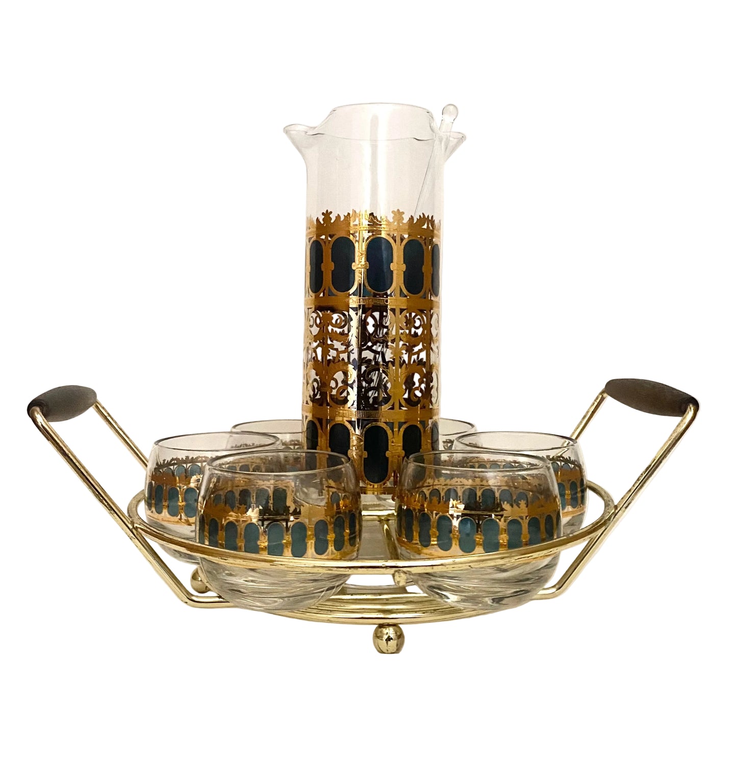 Culver Emerald Scroll Cocktail Set with Caddy