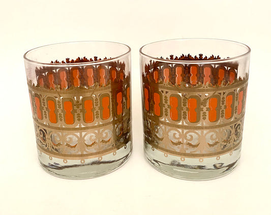 Culver Majorca Orange Scroll Executive Cocktails/Whiskey (Pair) 2 Available