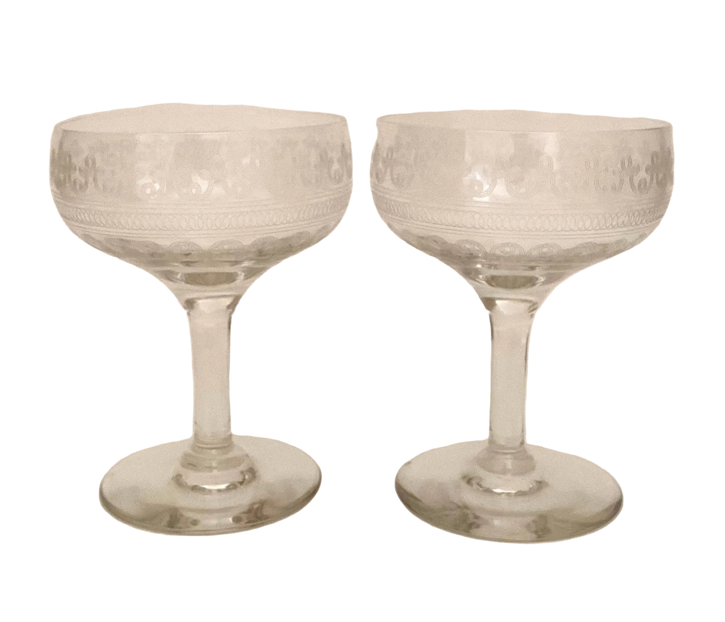 Vintage Etched Coupe/Champagne Glasses (Pair) 1 Available