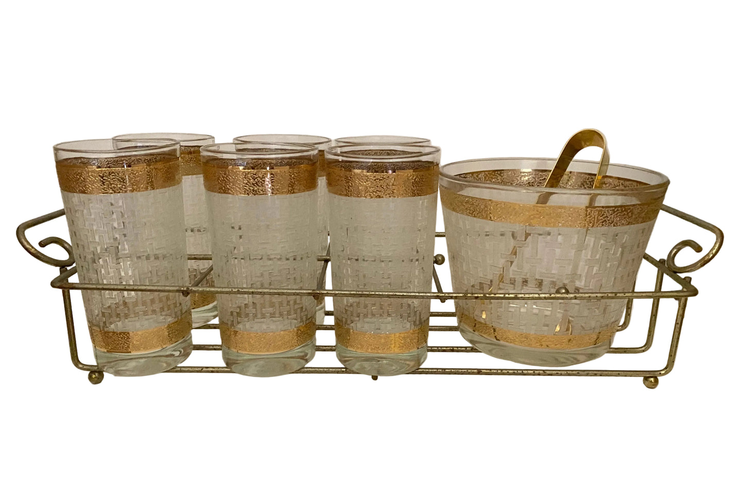 Culver White Basketweave Hiball Caddy with Ice Bucket and Tongs