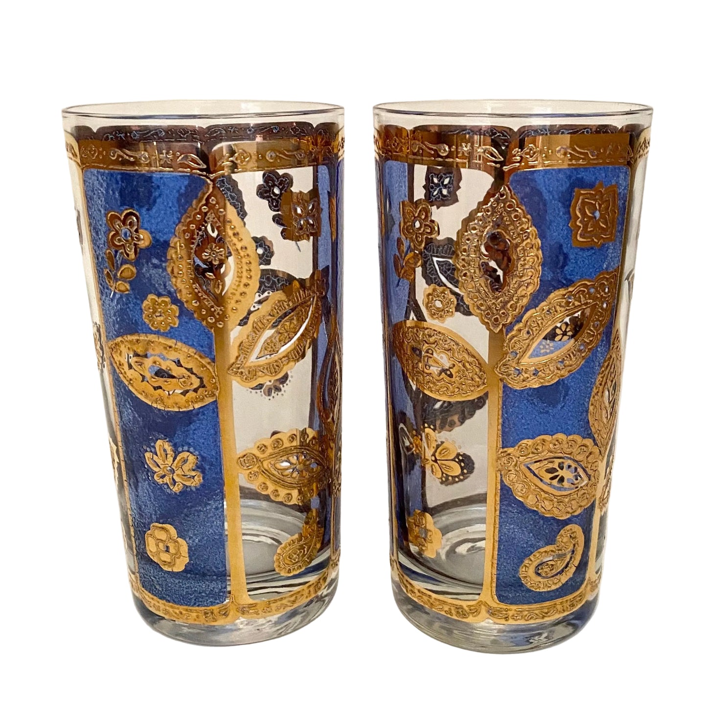 Culver Blue & Gold Leaf Hiballs (Pair) 2 Available