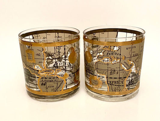 Cera Old World Map Executive Cocktails/Whiskey (Pair) 2 Available