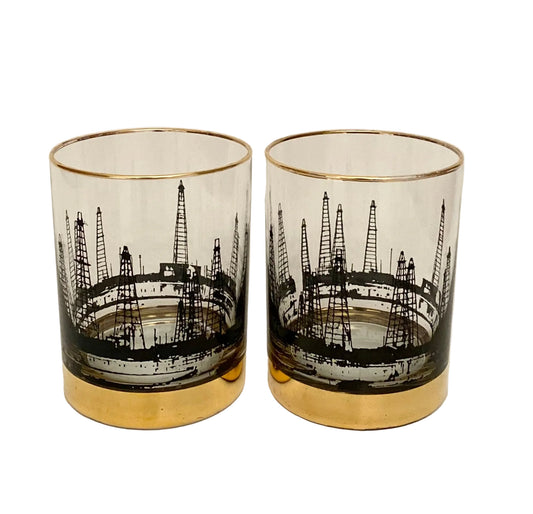 Mid Century Oil Rig Rocks Glasses (Pair) 4 Available