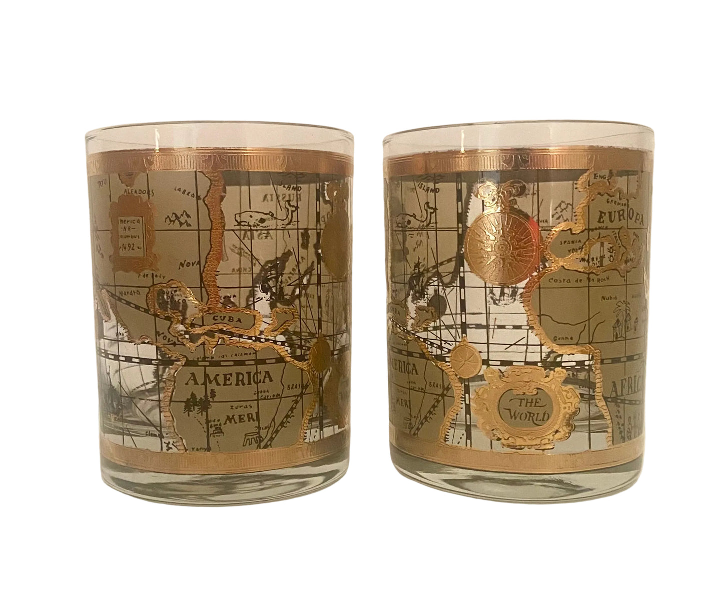 Cera Old World Map Rocks Glasses (Pair) 3 Available