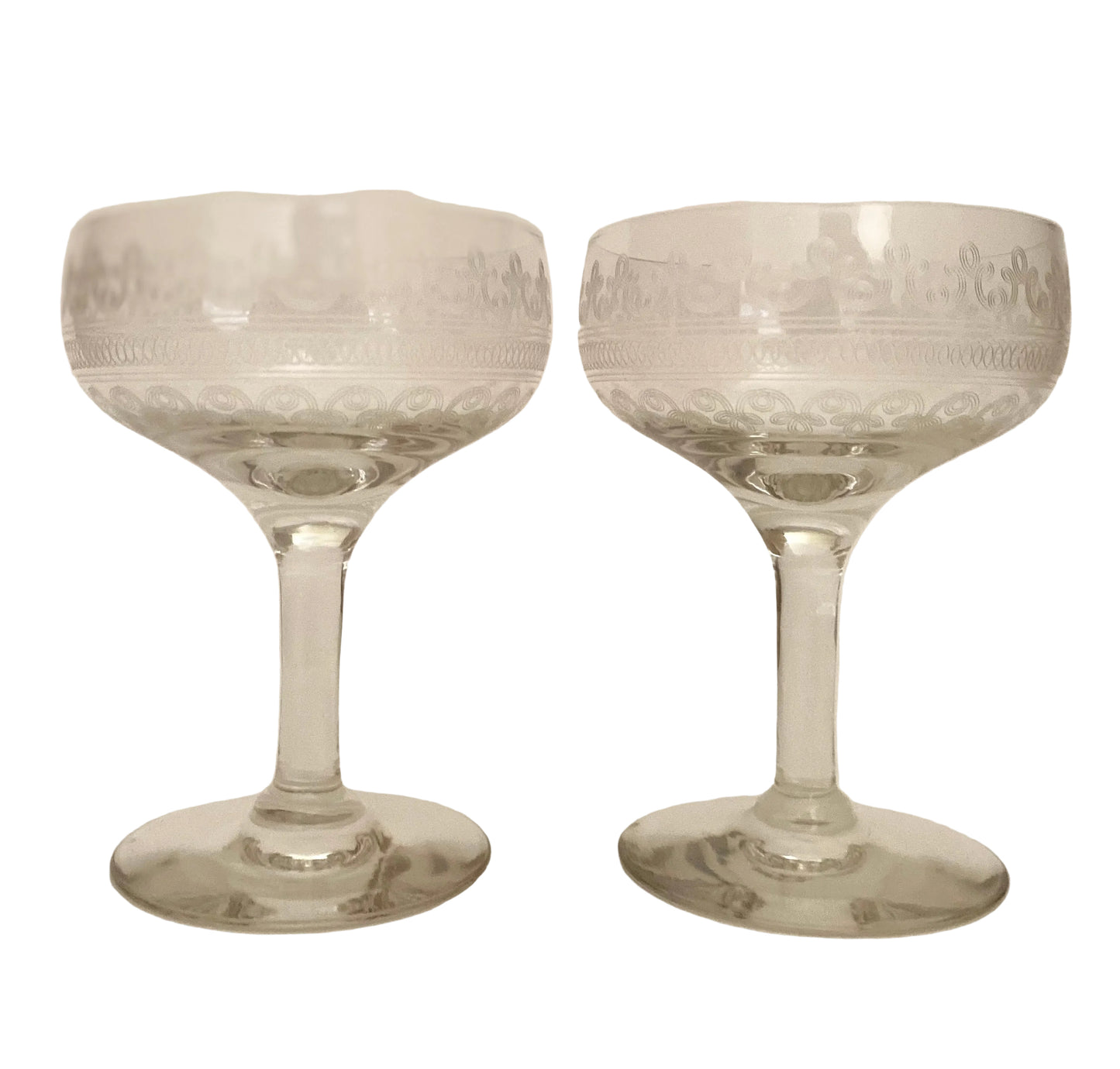 Vintage Etched Coupe/Champagne Glasses (Pair) 1 Available
