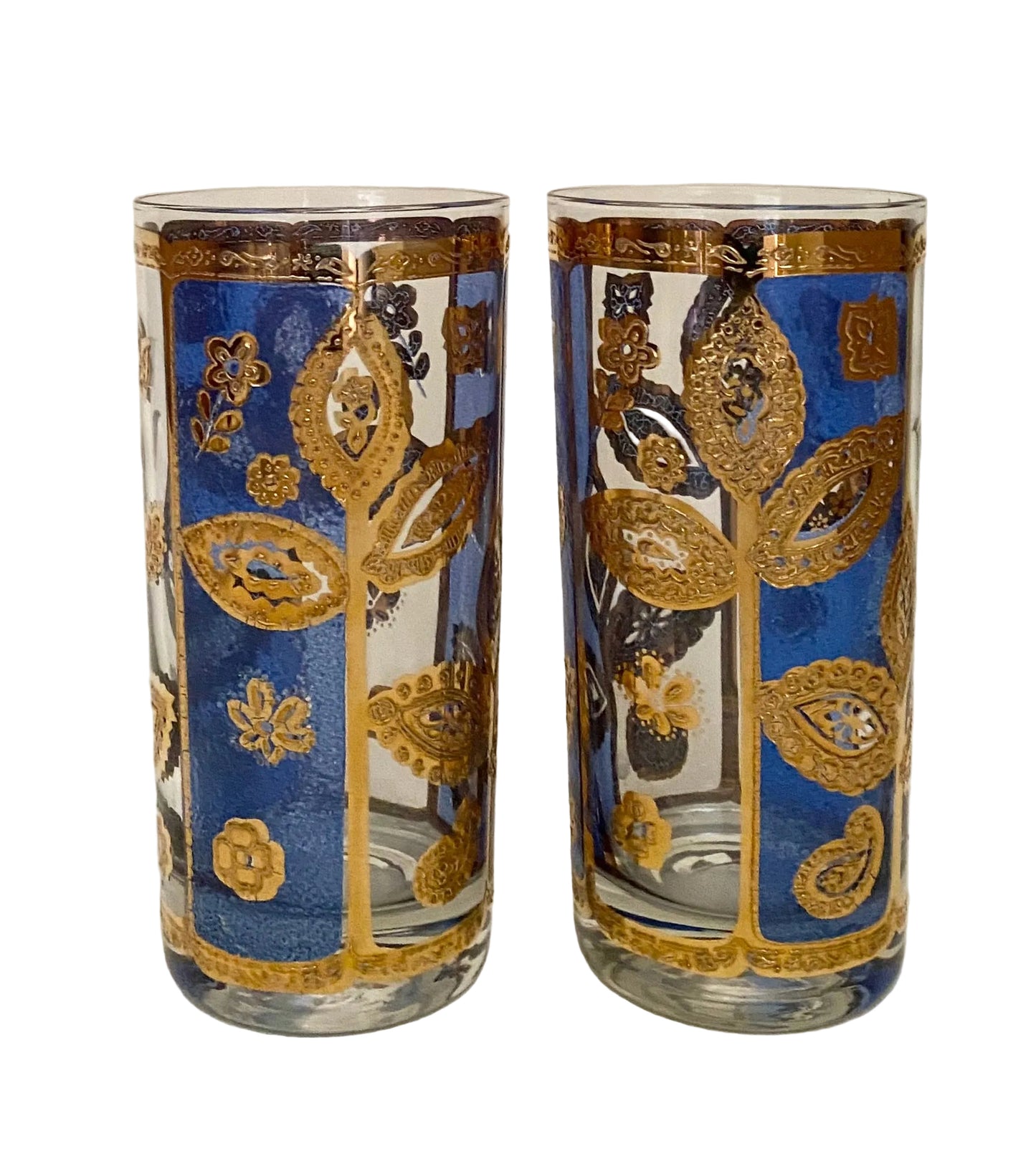 Culver Blue & Gold Leaf Hiballs (Pair) 2 Available