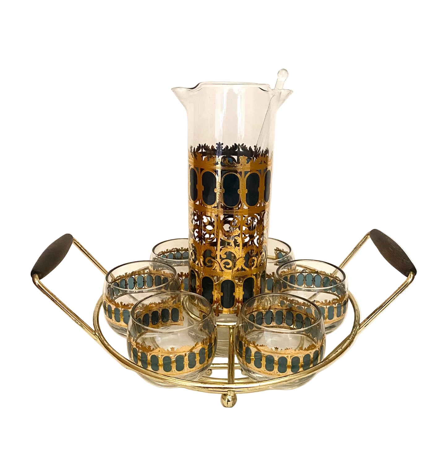 Culver Emerald Scroll Cocktail Set with Caddy