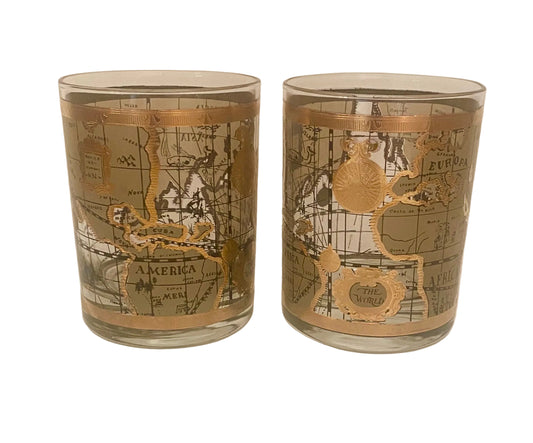 Cera Old World Map Rocks Glasses (Pair) 3 Available