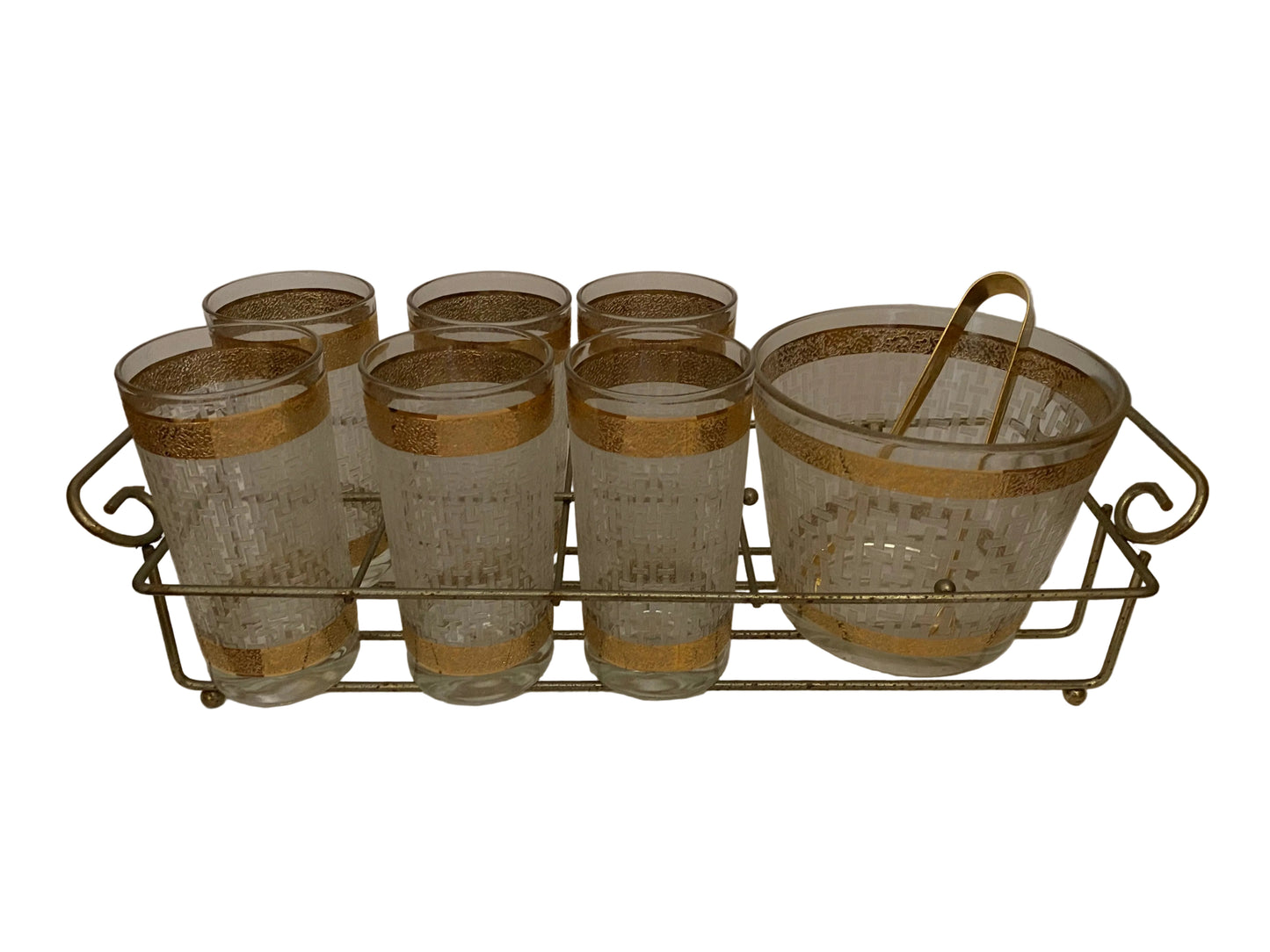 Culver White Basketweave Hiball Caddy with Ice Bucket and Tongs