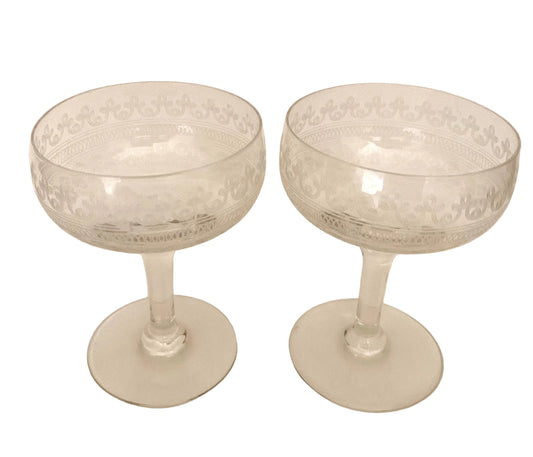 Vintage Etched Coupe/Champagne Glasses (Pair) 1 Available