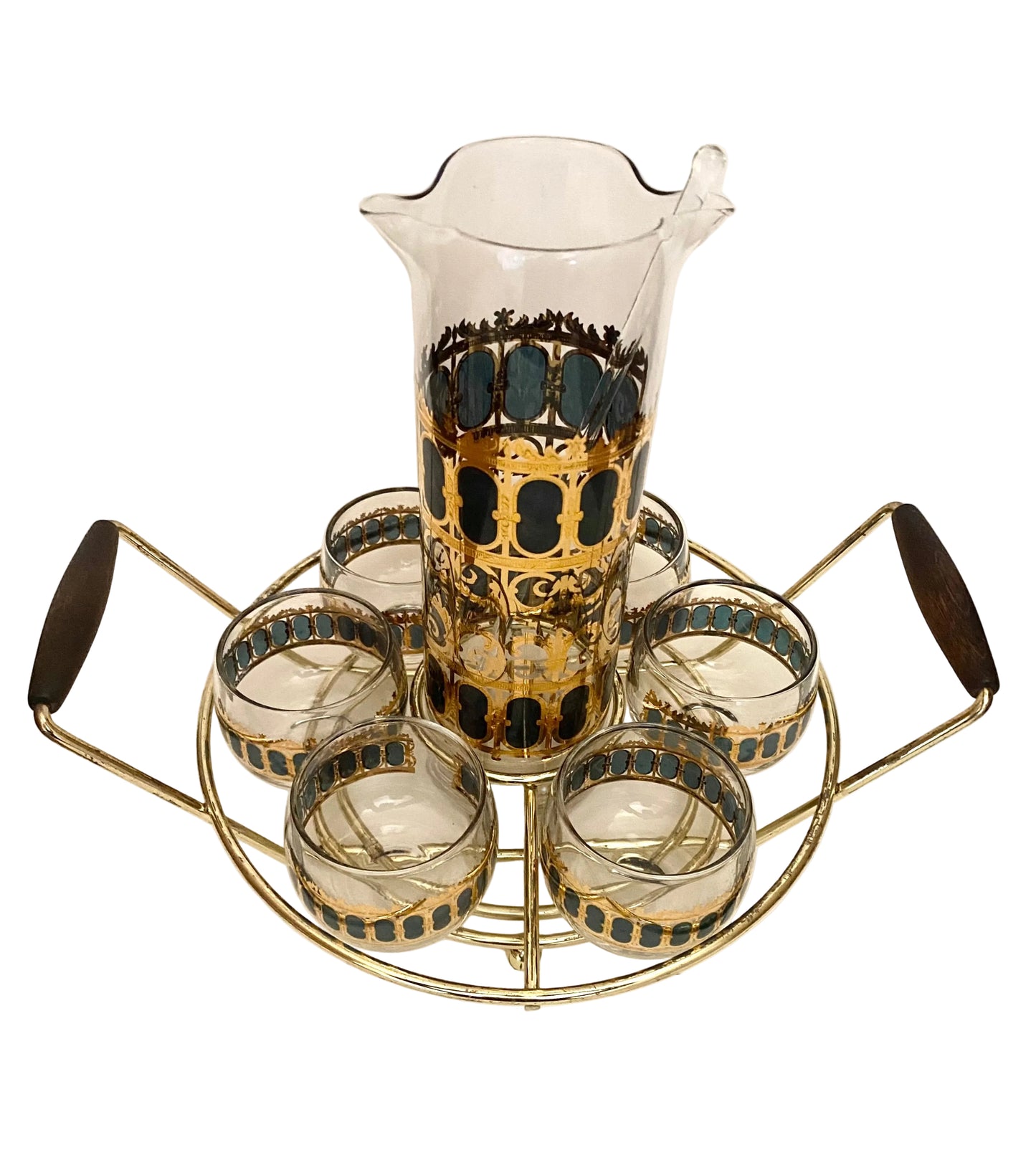 Culver Emerald Scroll Cocktail Set with Caddy