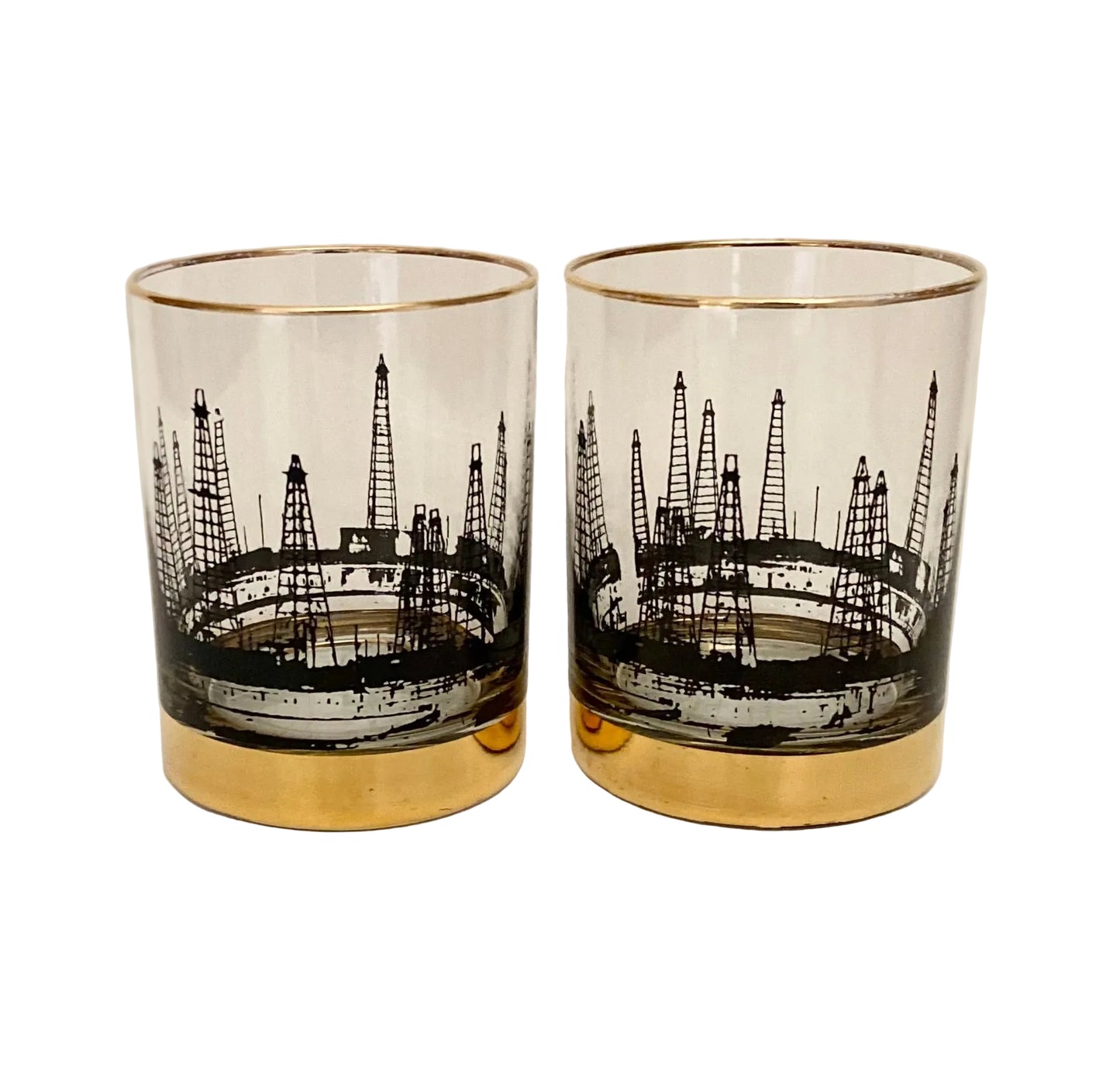 Mid Century Oil Rig Rocks Glasses (Pair) 4 Available