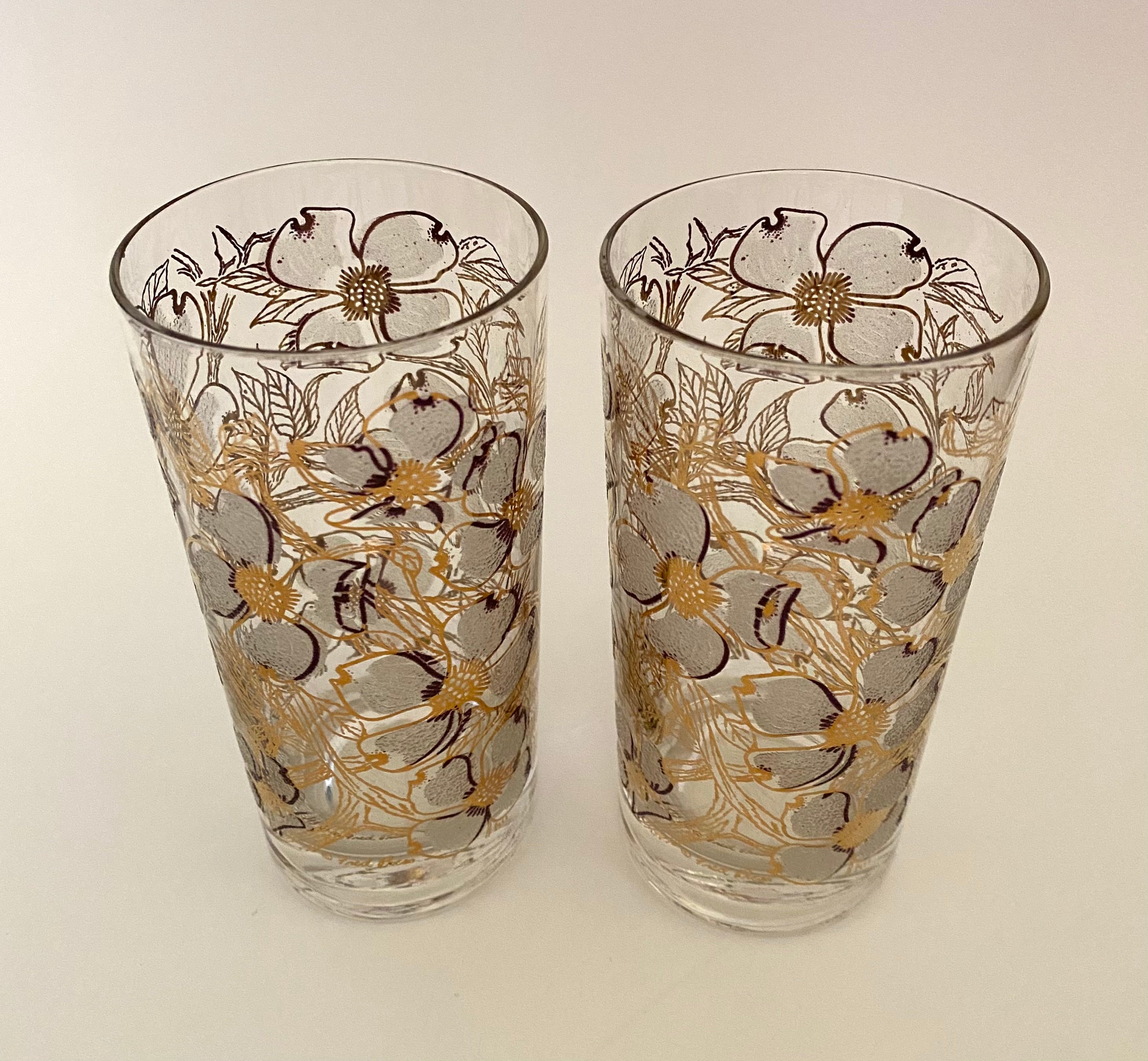 Fred Press 22Kt Gold Clover Pattern Overlaid on shops White Cocktail Glasses, 1950s Vintage